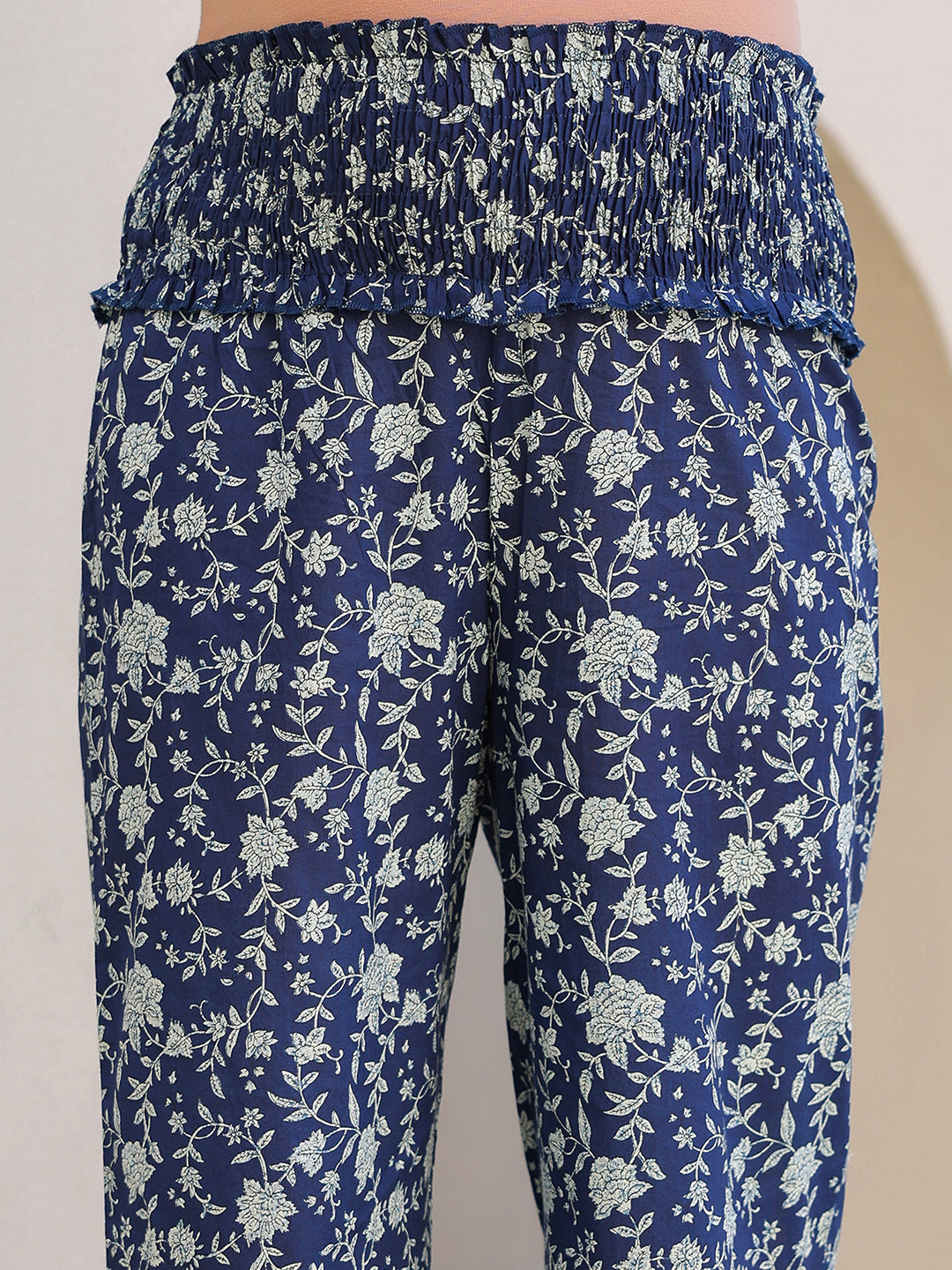 Indigo Pure Cotton Floral Printed Gathered Maternity Kurta Set - qivii