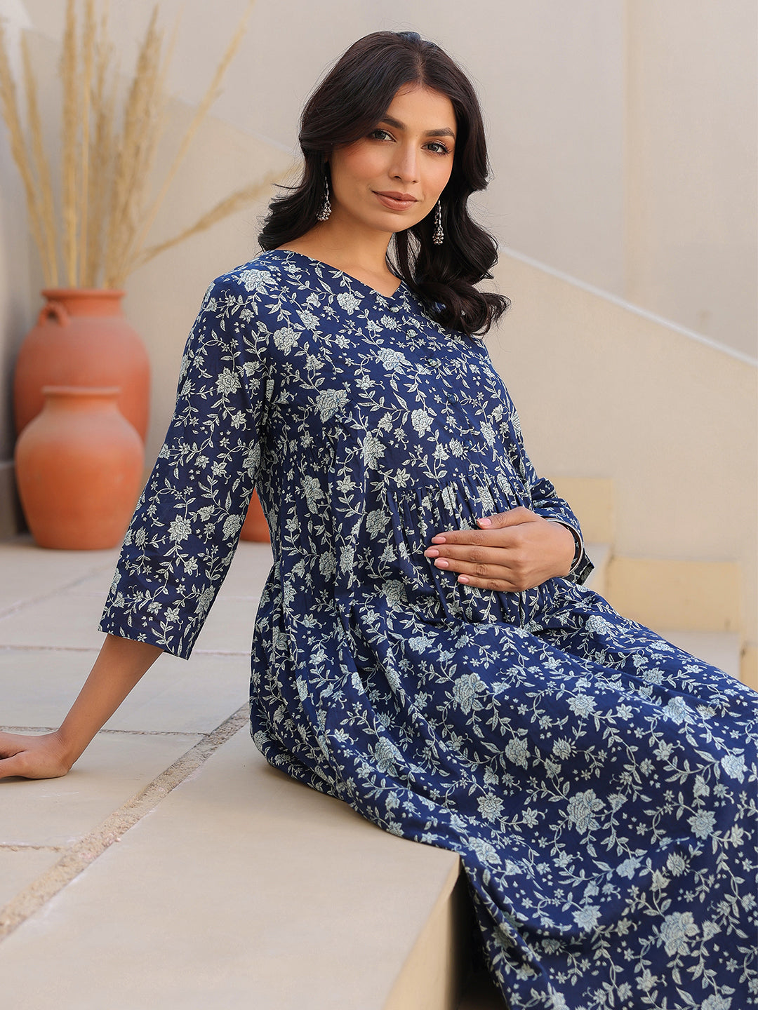 Indigo Pure Cotton Floral Printed Gathered Maternity Kurta Set - qivii