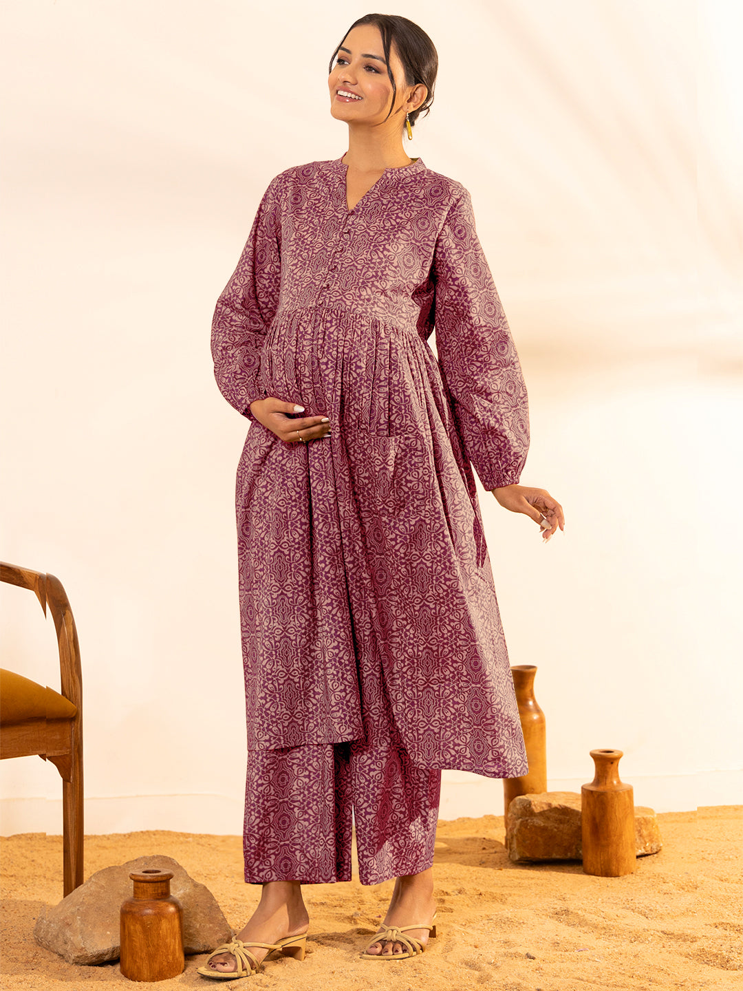 Magenta Pure Cotton Ethnic Motifs A-line Maternity Kurta Set - qivii