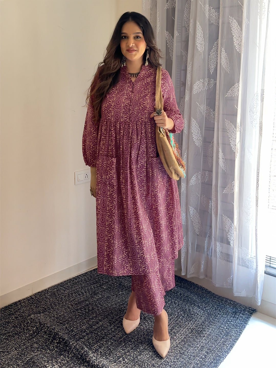 Magenta Pure Cotton Ethnic Motifs A-line Maternity Kurta Set - qivii