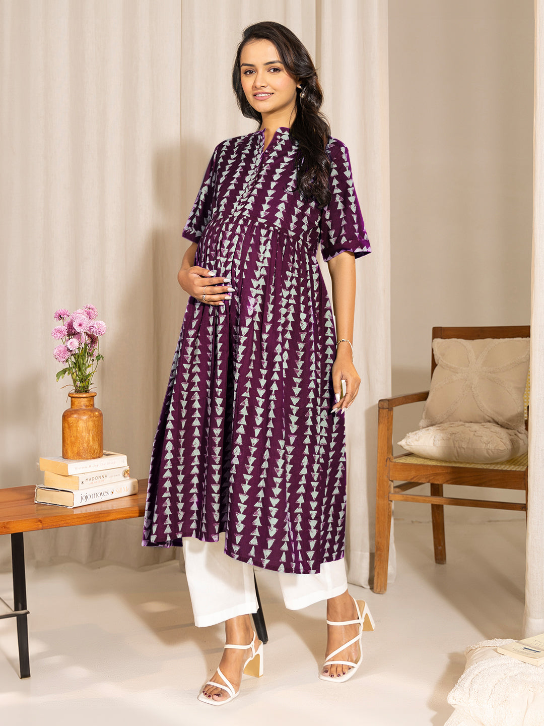 Wine Pure Cotton Geometric Printed A-Line Kurta - qivii