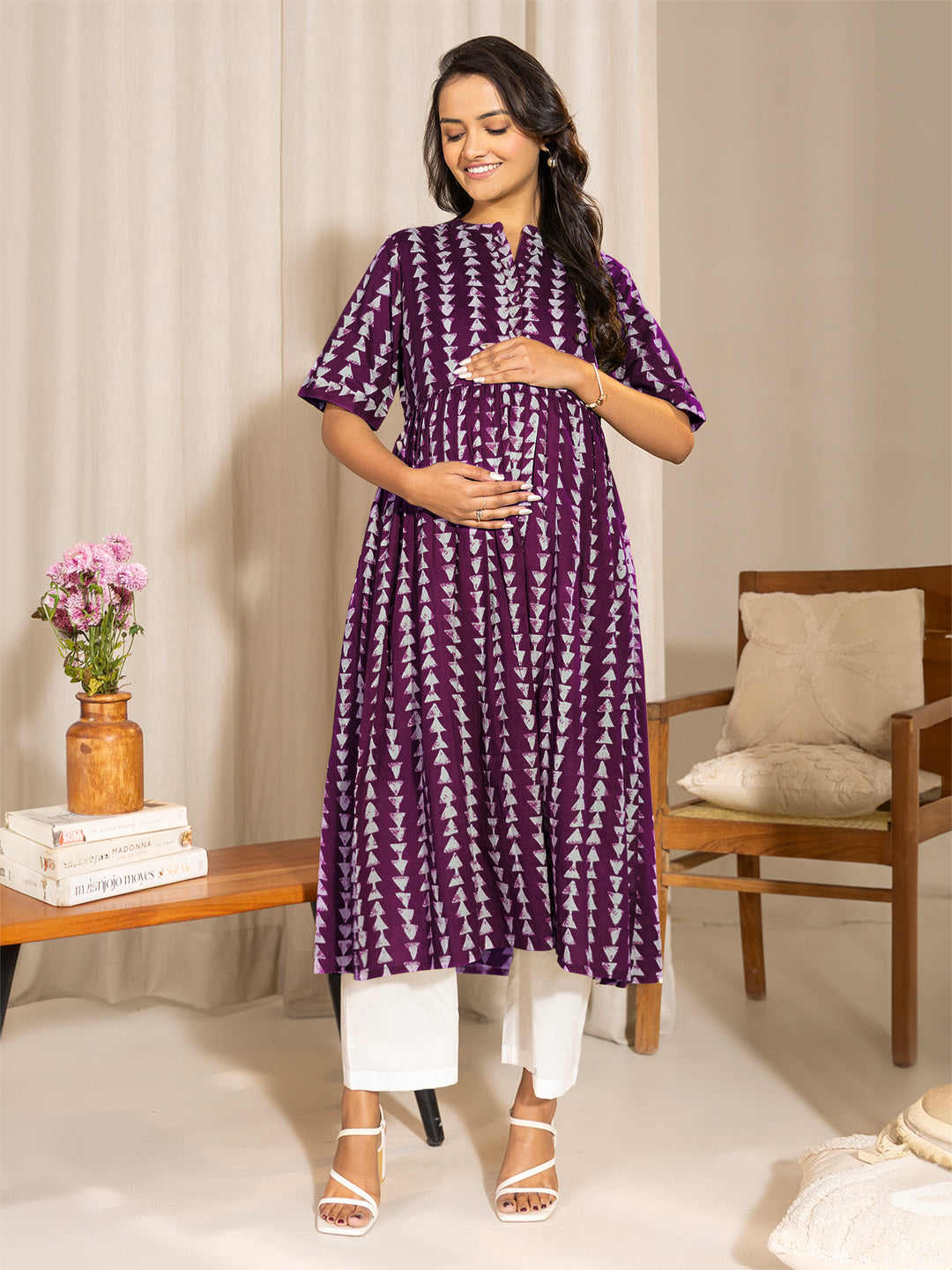 Wine Pure Cotton Geometric Printed A-Line Kurta - qivii