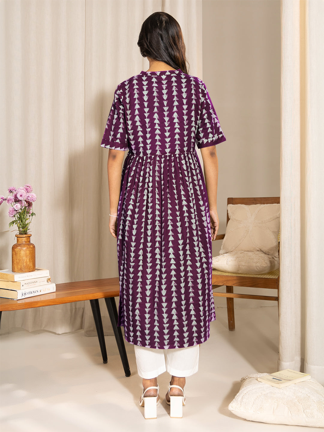 Wine Pure Cotton Geometric Printed A-Line Kurta - qivii