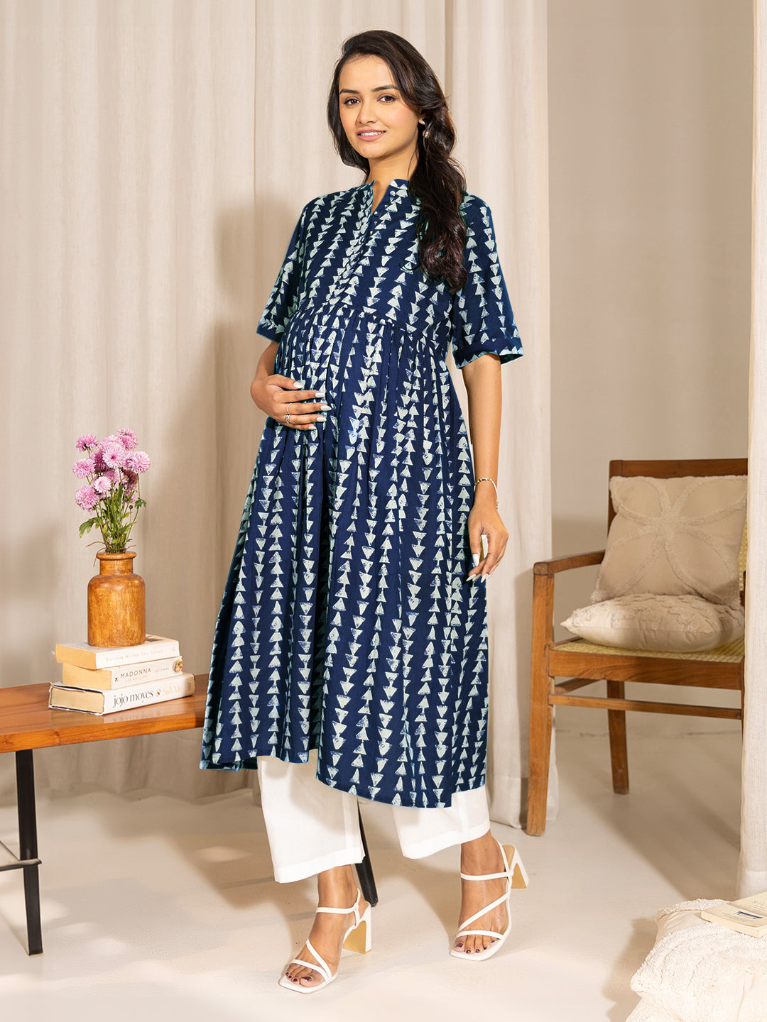 Indigo Pure Cotton Geometric Printed A-line Maternity Kurta - qivii