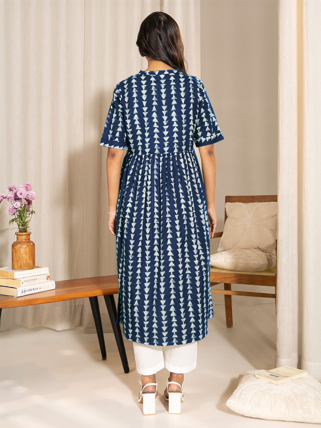 Indigo Pure Cotton Geometric Printed A-line Maternity Kurta - qivii