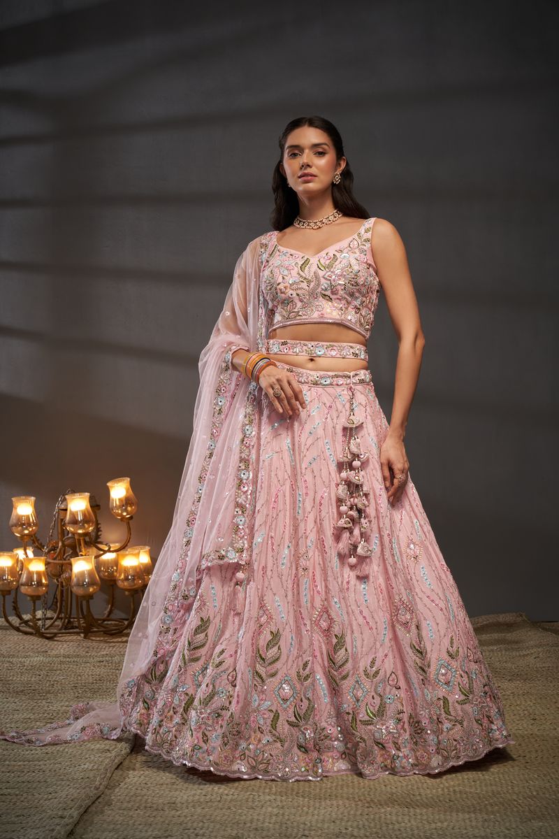 Top Pink Designer Lehenga Choli With Bandhani Dupatta for Ring Ceremony, Wedding, Function, and Special occasions Indian Tradition.