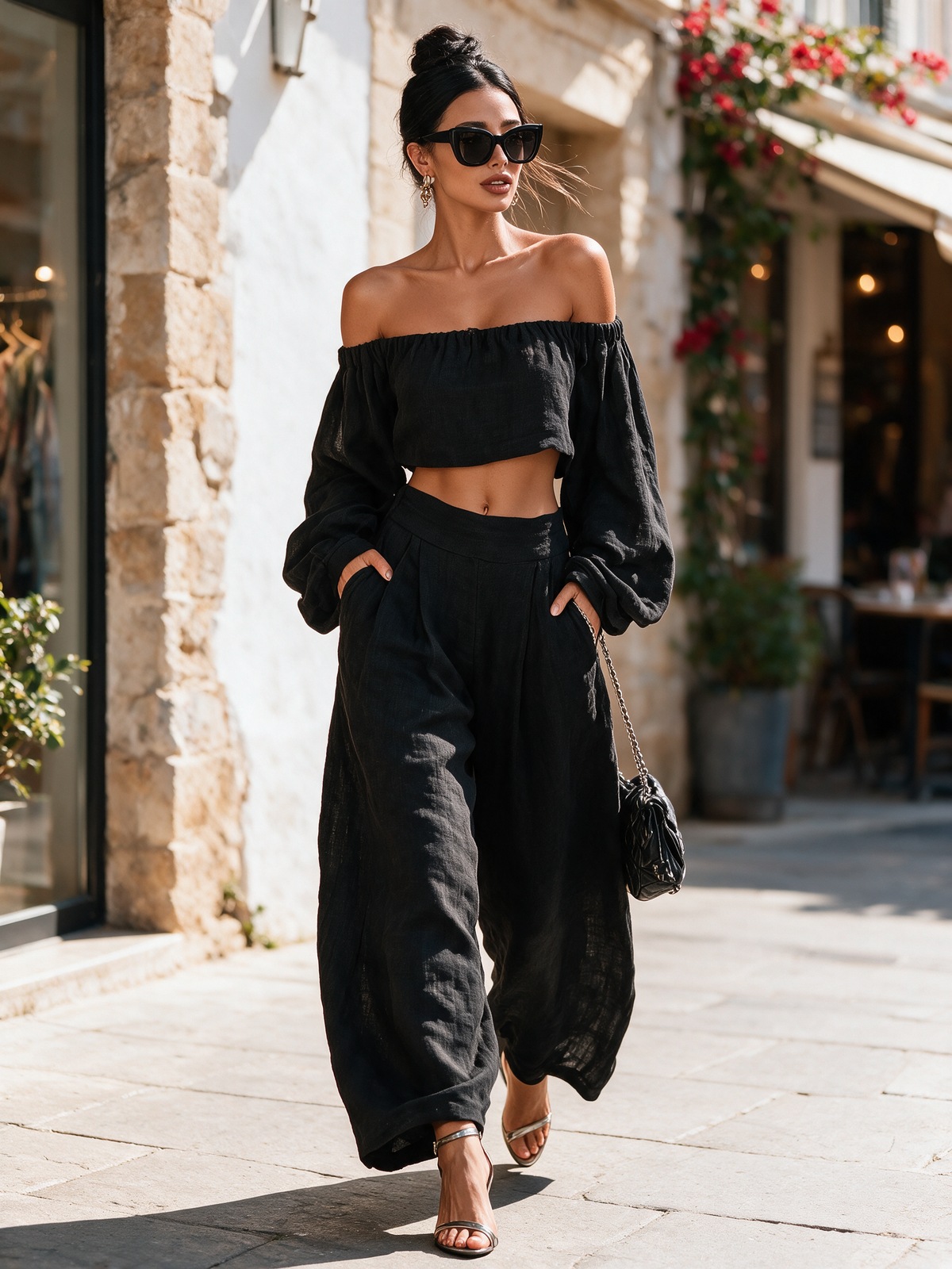 Women's Minimalist Linen Blend Strapless Long-sleeved Blouse And Wide-leg Pants Set MDA1900L7Y