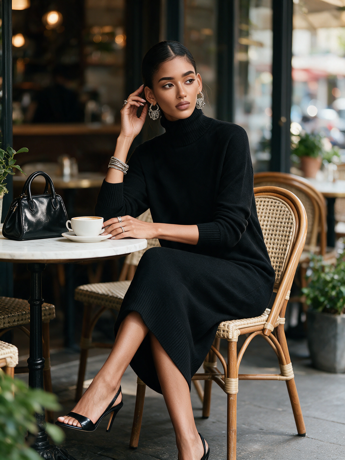 Women's Elegant Black Knitted Turtleneck Long-sleeved Loose-fitting Midi Dress With No Pockets MDA1974L7AN