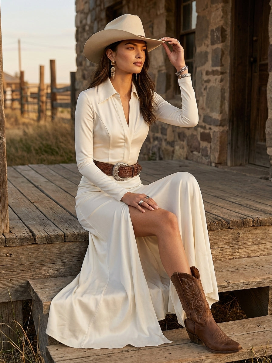 Women's Lapel Long Sleeve Waist-tightening Maxi Dress (without Belt)MDA2480G9Y
