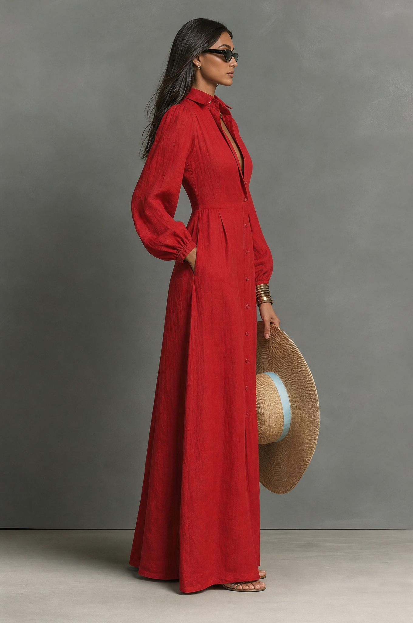 Women's Minimalist Single-breasted Long-sleeve Maxi Dress With A Fitted Waist MDZ0482H3WY