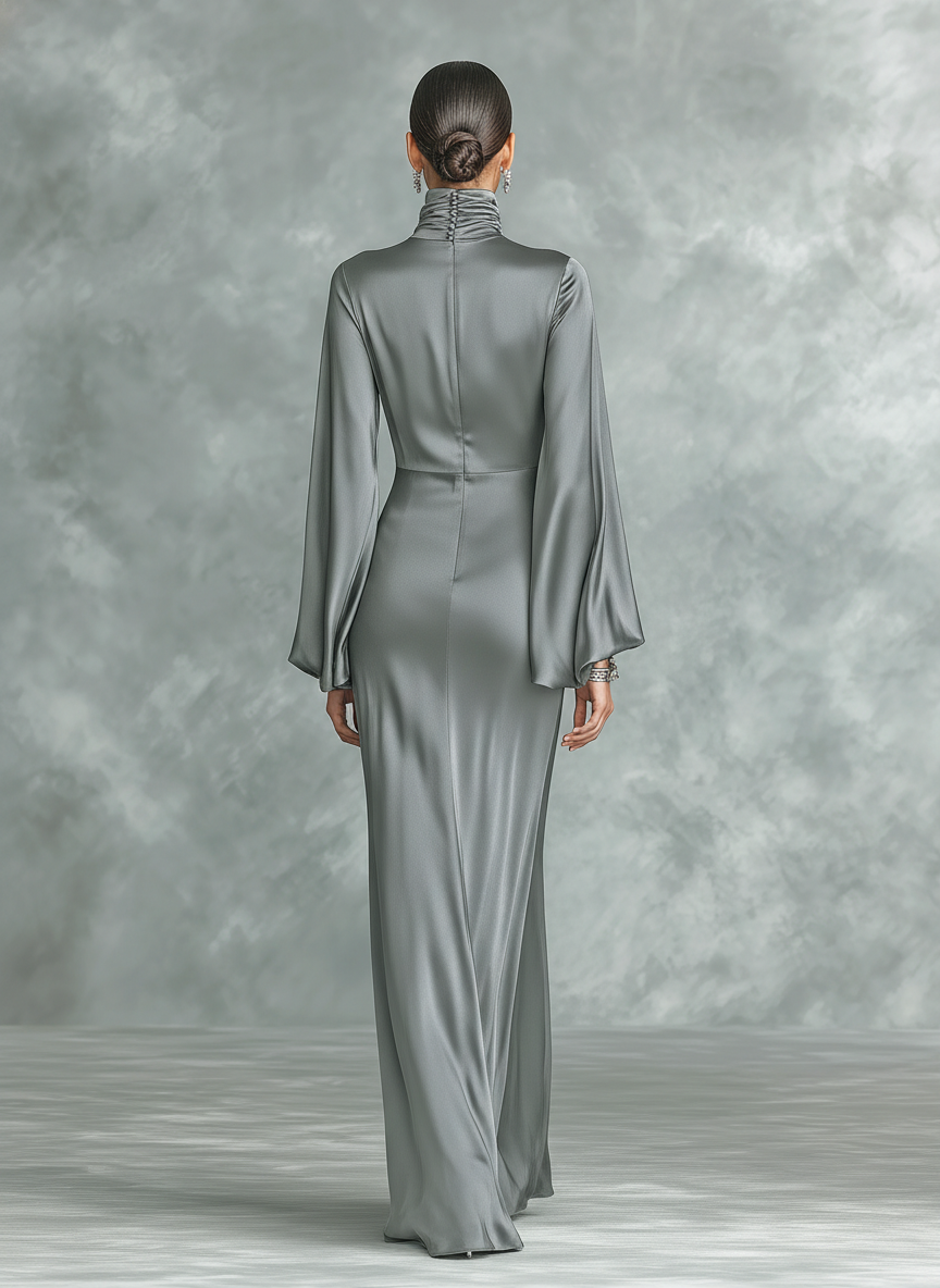 Women's Fashionable Grey Satin High-neck Long-sleeved Loose-fitting Maxi Dress MDZ0690A0AN