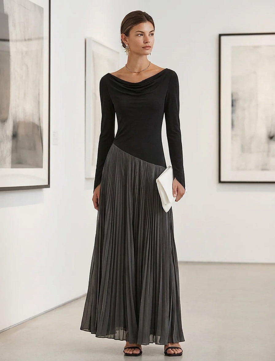 Women's Minimalist Two-Tone Color-Block Maxi Dress With Drape Neckline MDZ0907G9ZRK