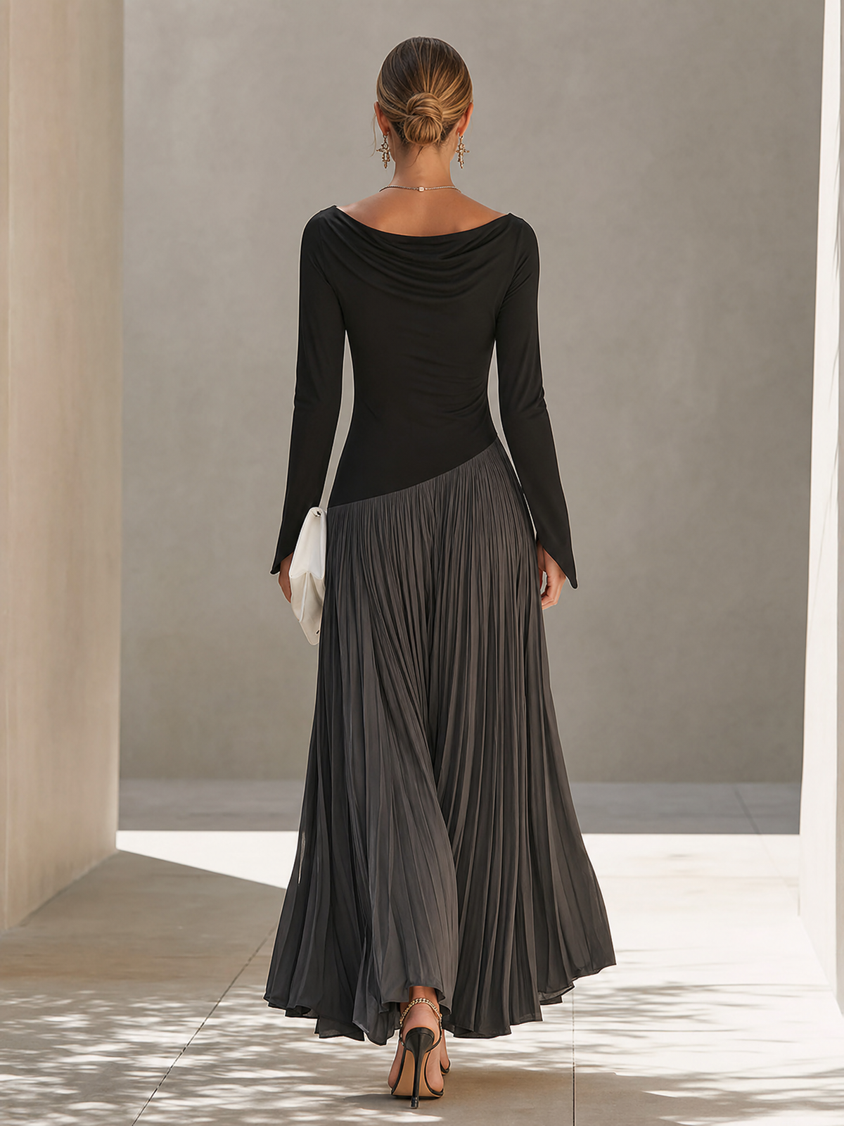 Women's Minimalist Two-Tone Color-Block Maxi Dress With Drape Neckline MDZ0907G9ZRK