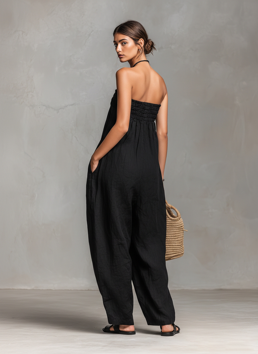 Women's Minimalist Loose-fitting Linen Blend Strapless Jumpsuit With Tie Closure MDZ2024A9Y