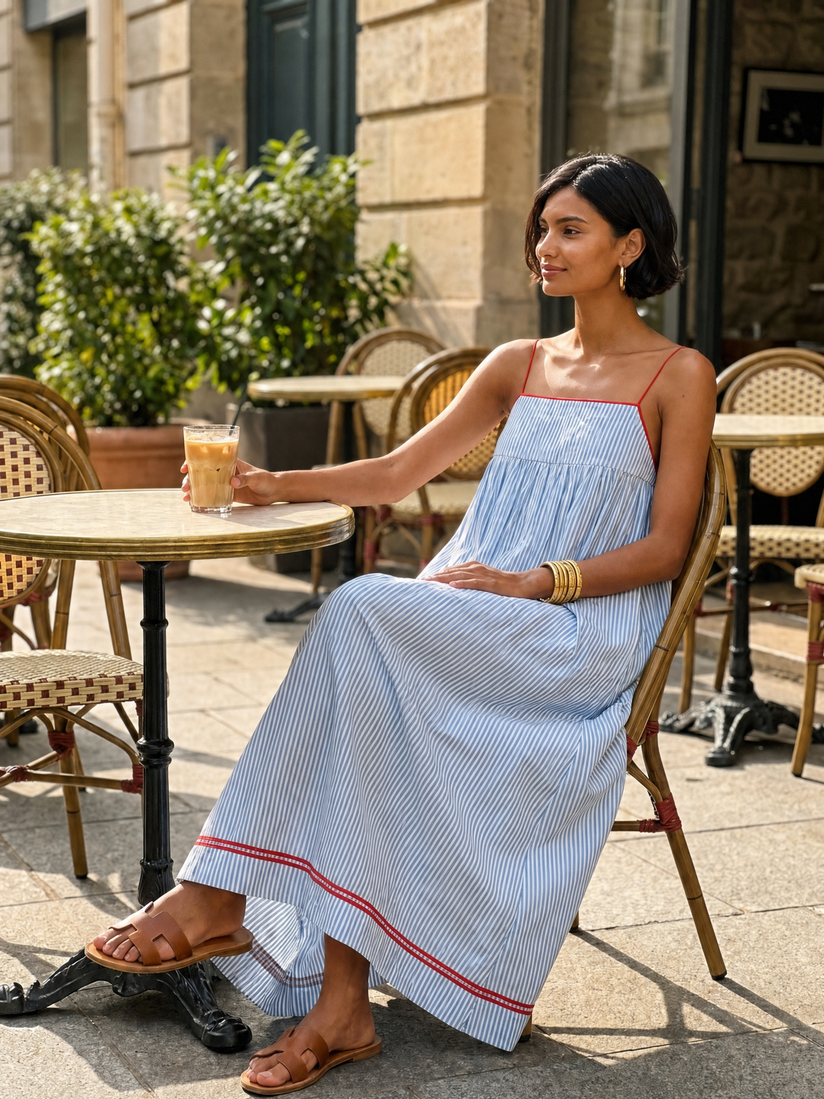 Women's Minimalist Striped Maxi Dress With Red Trim And Spaghetti Straps MDZ2710C3Y