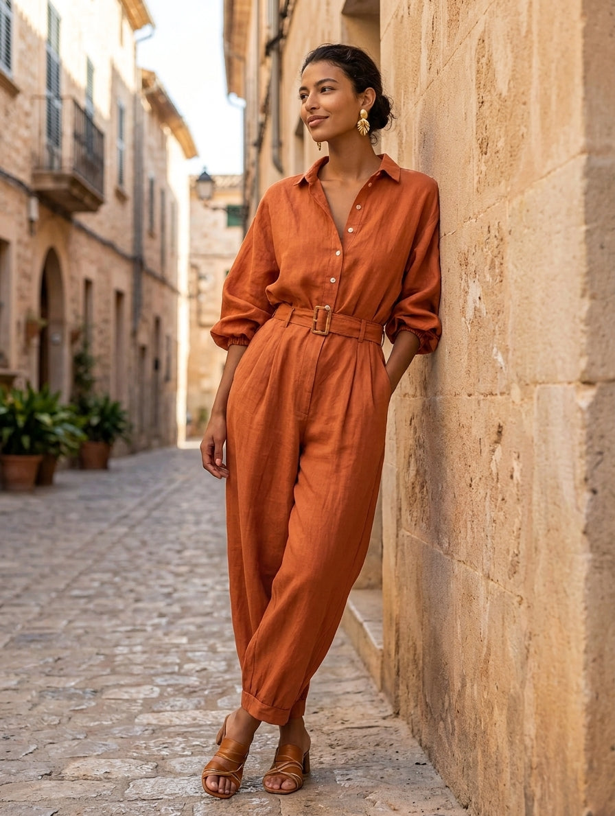 Women's Minimalist Cotton-Linen Jumpsuit With Belt — Wide-Leg Trousers And Mid-Length Sleeves MDZ2965E9ZJW
