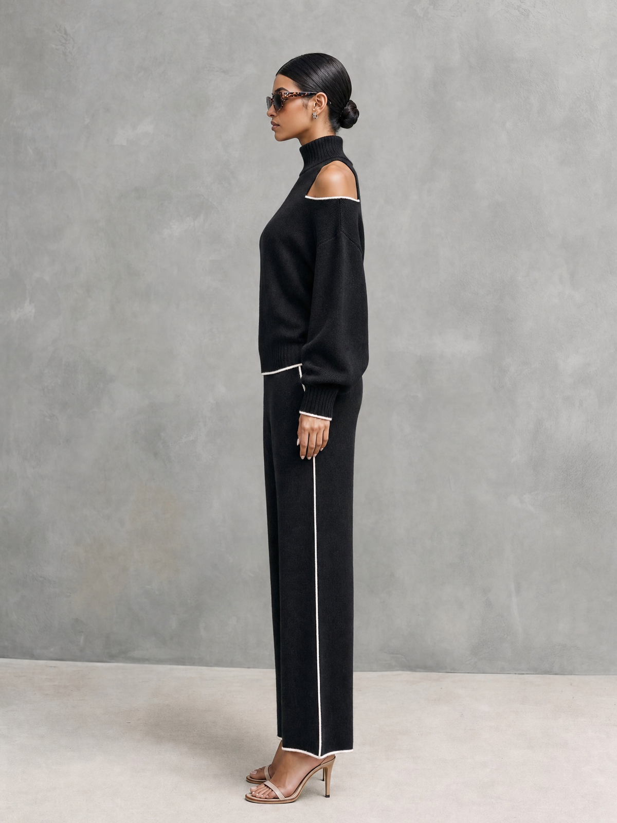 Women's Casual 2-Piece Set Black Long-sleeved Knit Top And Trousers MDZ3065G8LXY