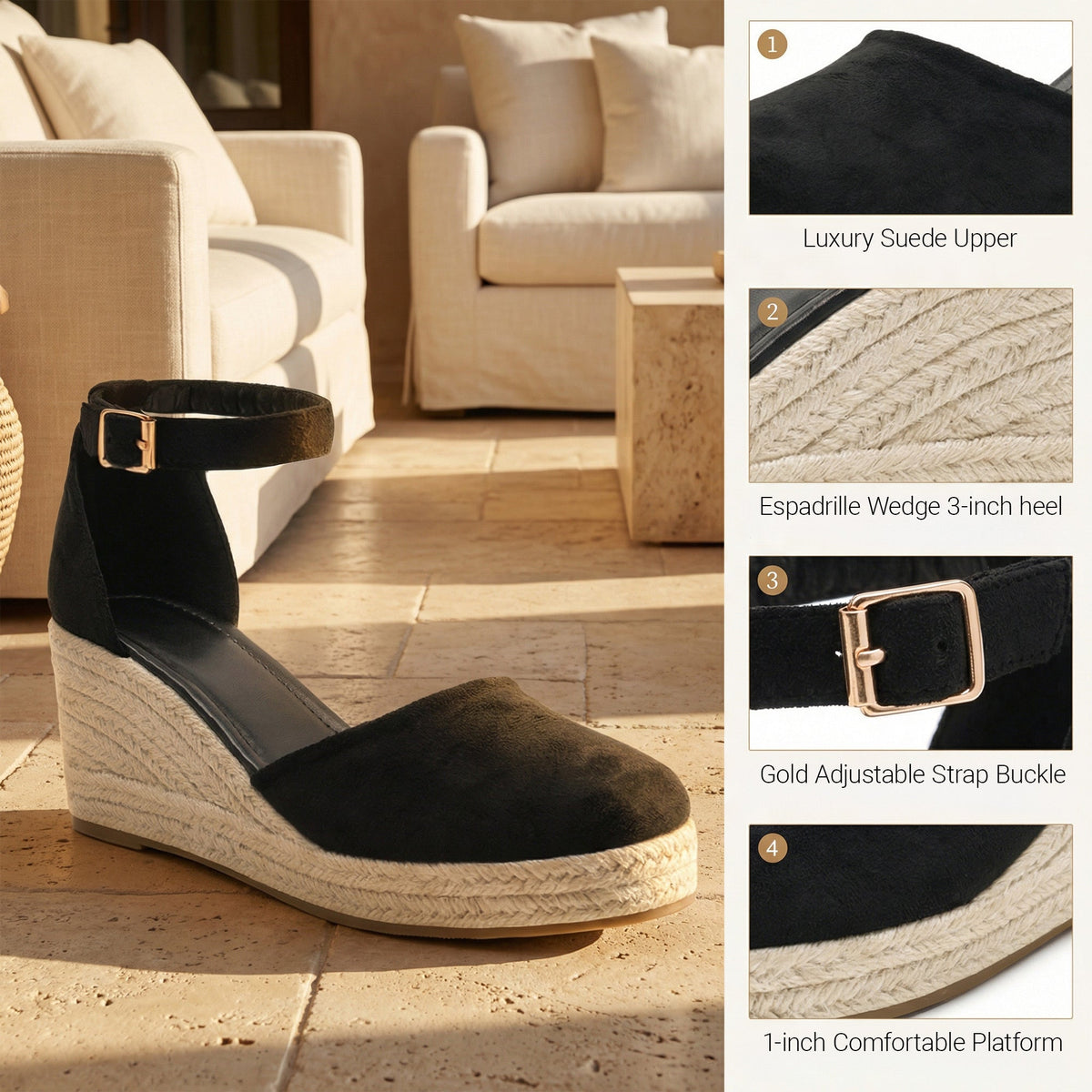 Women's Elodie Closed-Toe Espadrille Wedge Sandals - Velvet Platform Sandals with Adjustable Velcro Ankle Strap (US 4-10.5)
