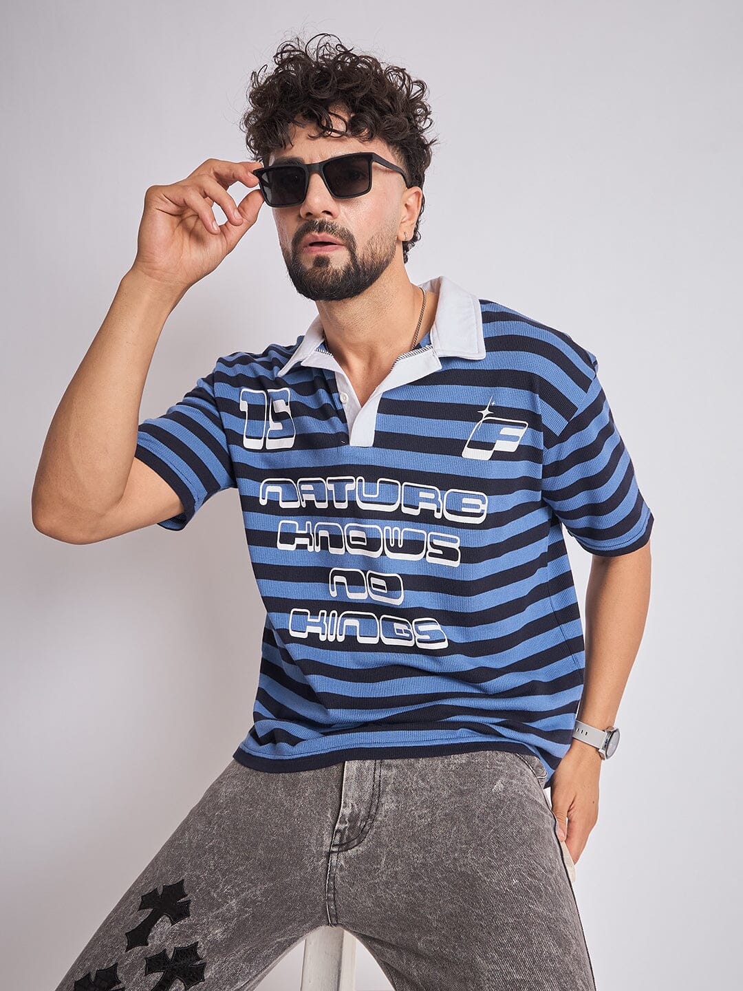Navy Striped Graphic Polo Tshirt