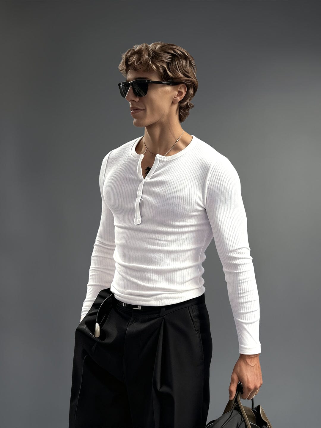 White Ribbed Henley Longsleeves Tshirt