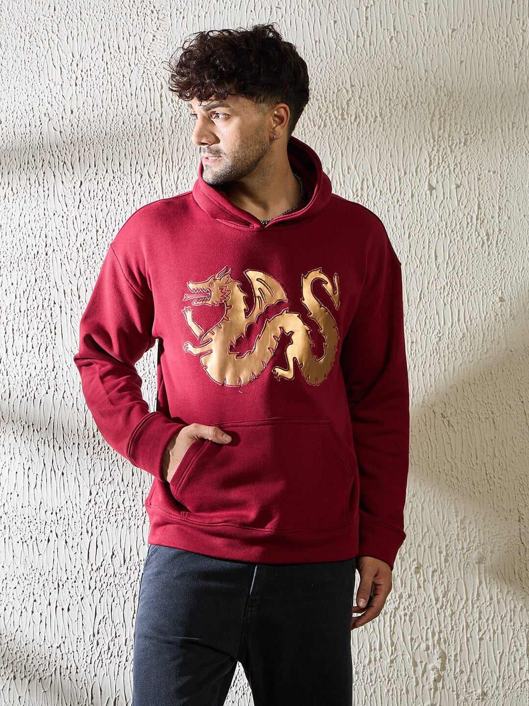 Wine Golden Dragon Oversized Hooded Sweatshirt