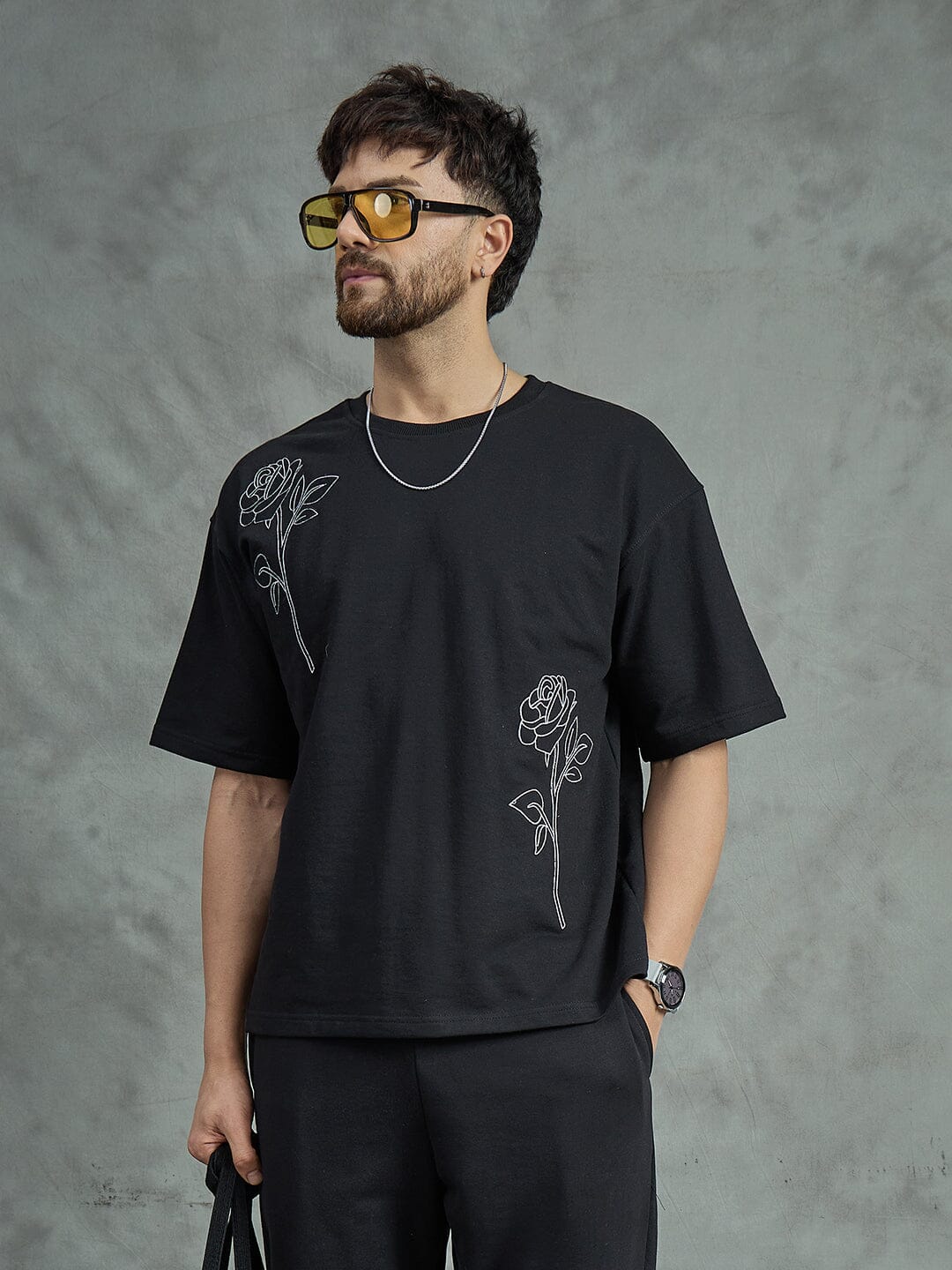 Black Rose Embroidery Oversized Tee
