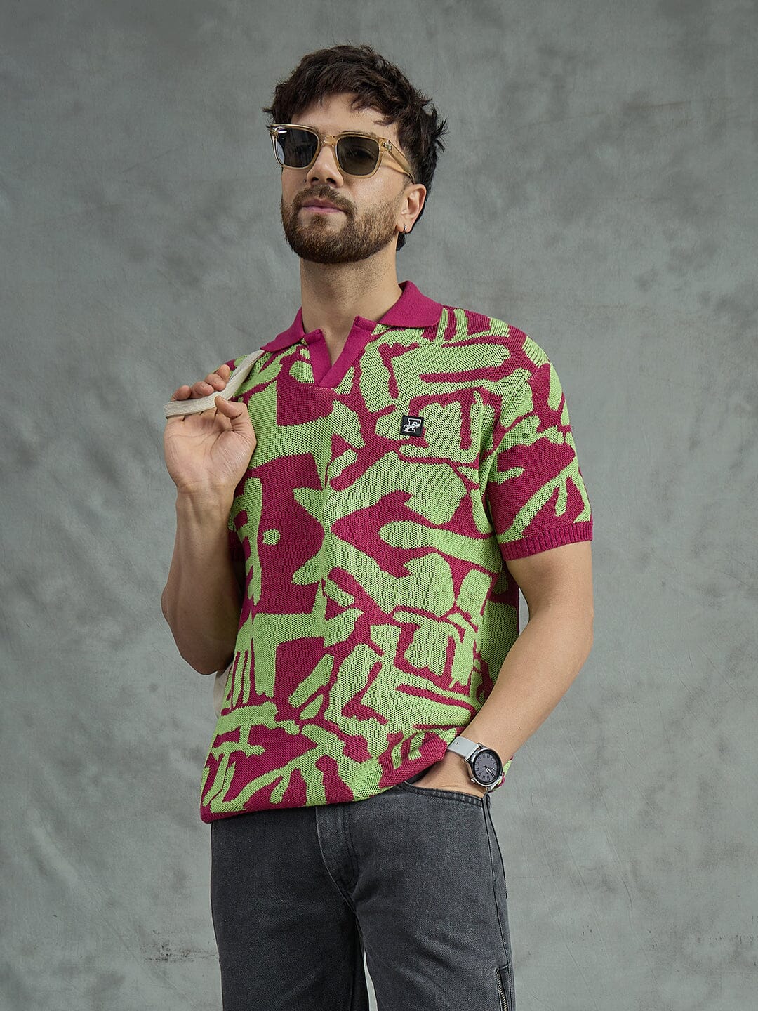 Purple and Green Abstract Knitted Polo Tshirt