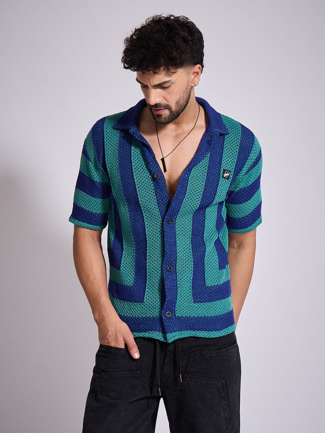 Green & Blue Striped Crochet Shirt - qivii