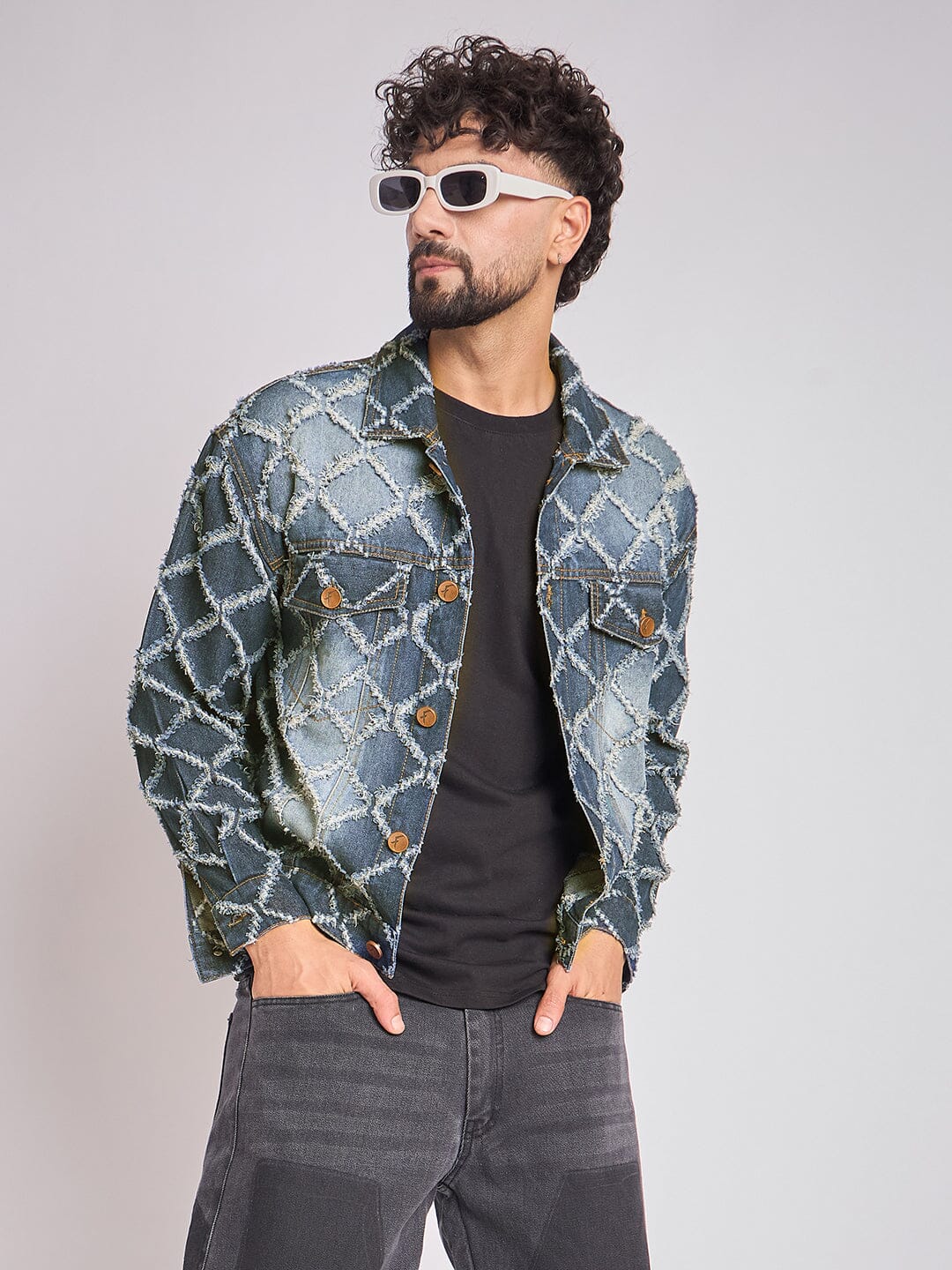 Dark Washed Damaged Patterned Denim Jacket