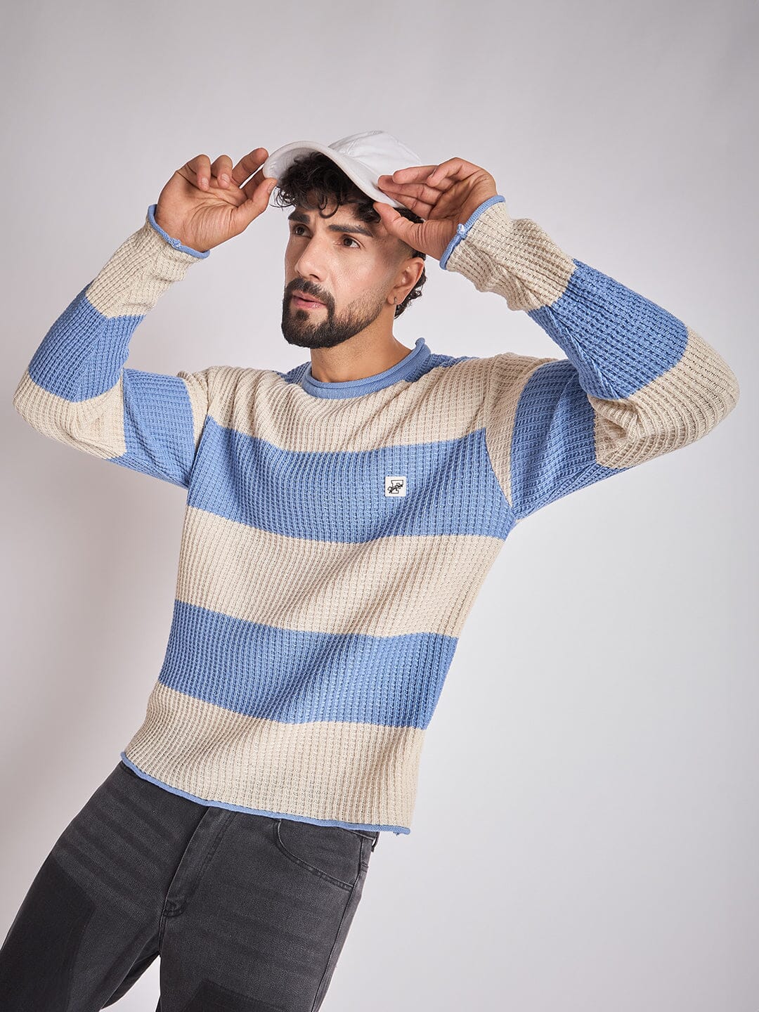 Sky and Cream Striped Raw Edge Sweater