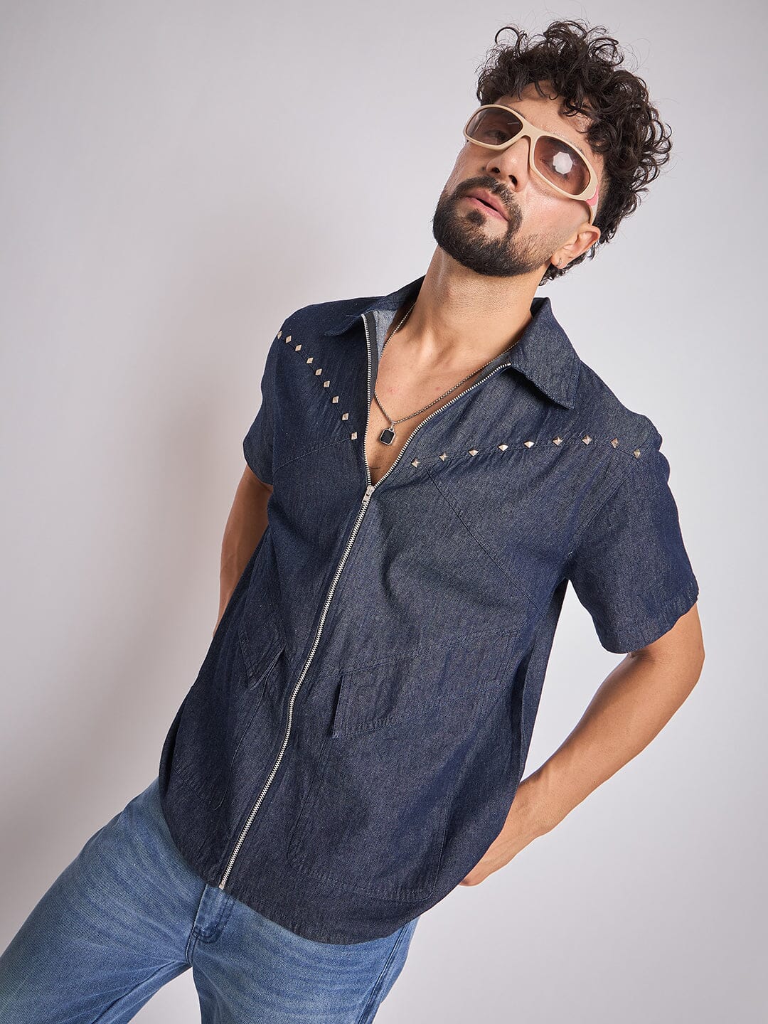 Dark Wash Studded Denim Shirt