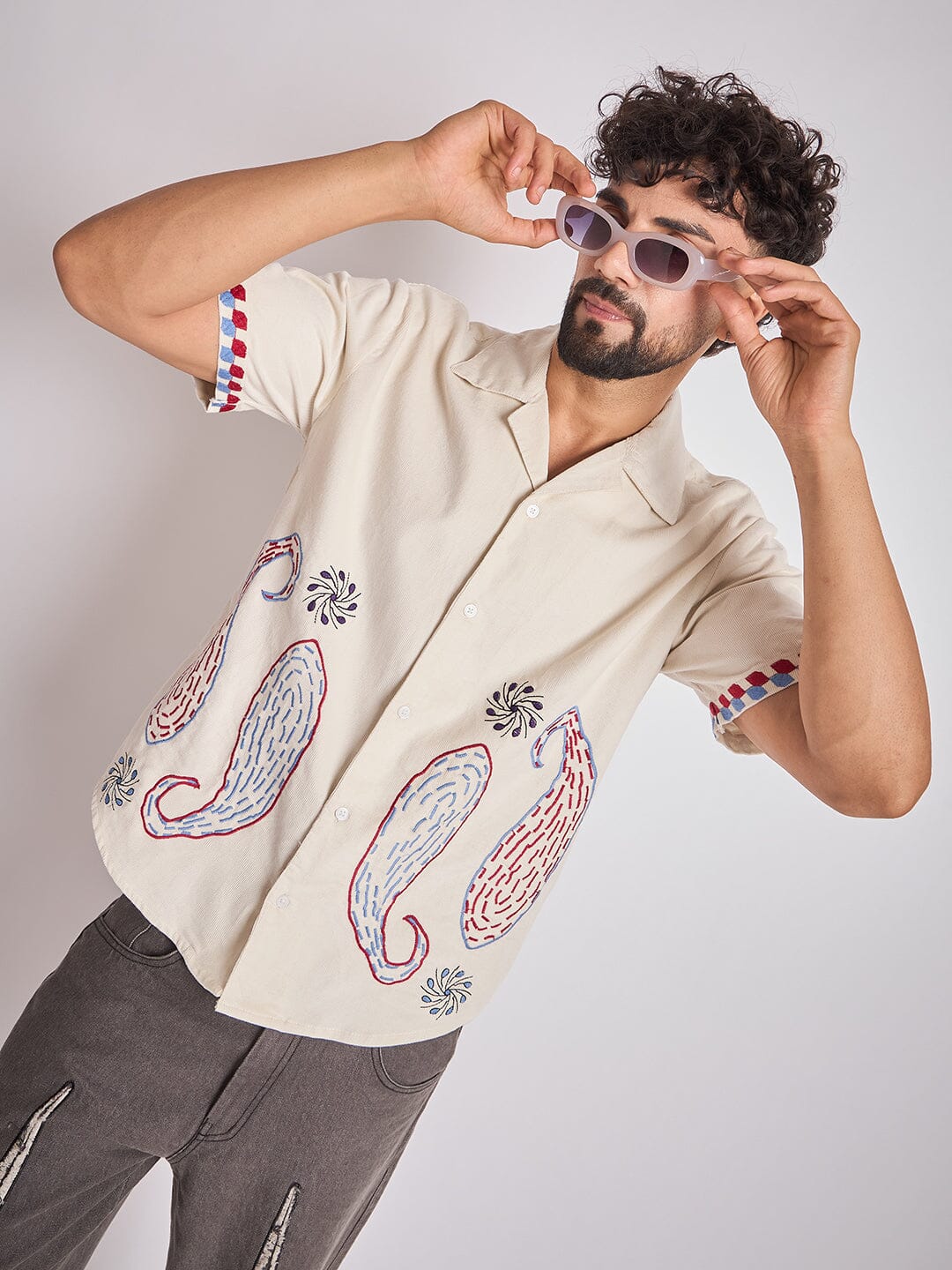 Ecru Paisley Embroidery Cuban Shirt