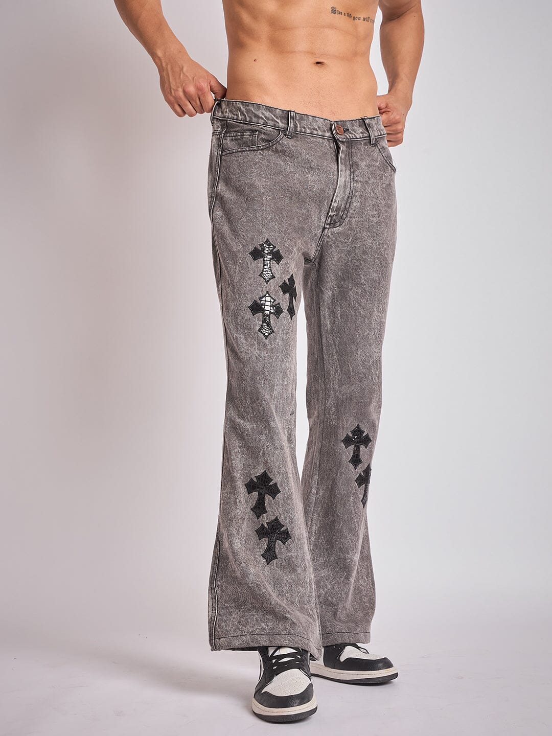 Grey Pu Cross Flared Denim