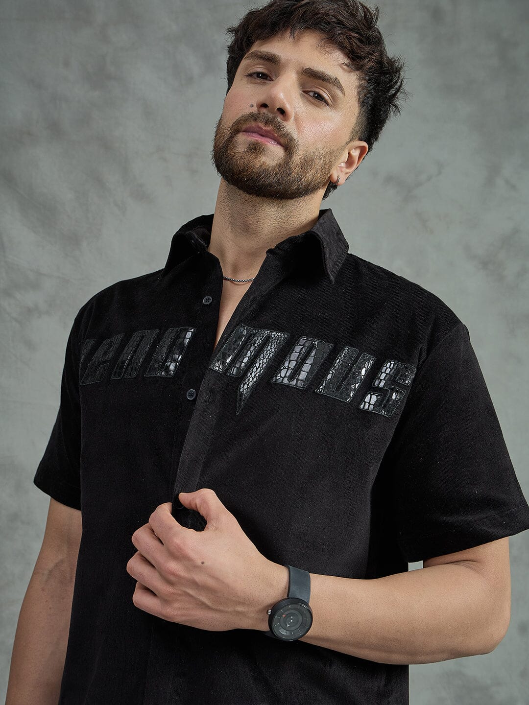 Black Corduroy Pu Applique Short Sleeves Shirt