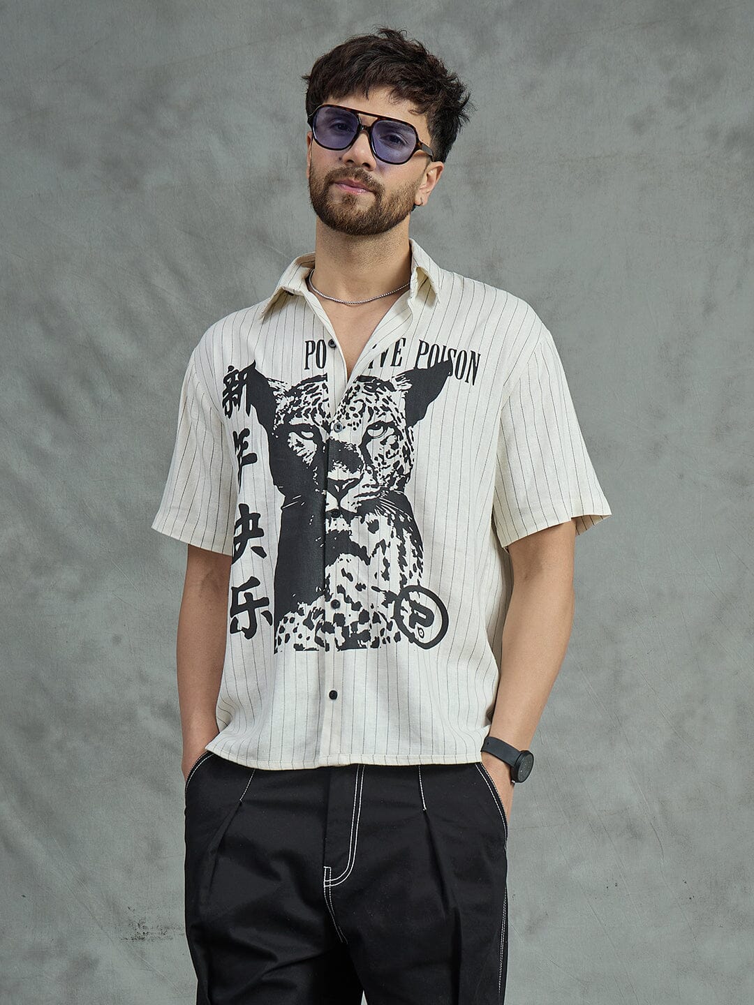 Ecru Cheetah Graphic Short Sleeves Shirt