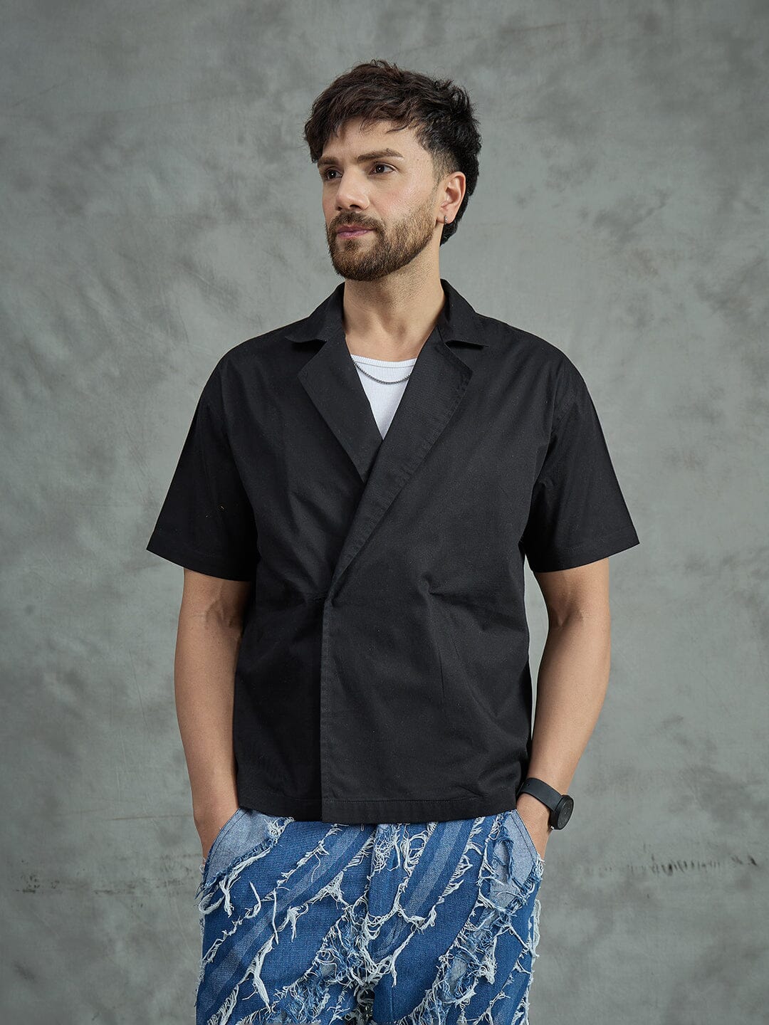 Black Korean Style Unibutton Cuban Shirt