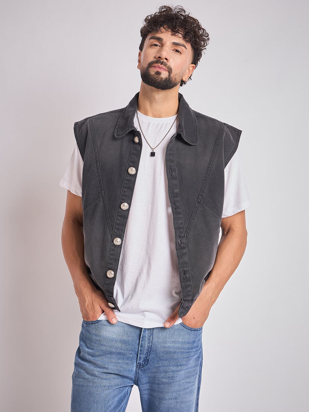 Black Cut-Sew Sleeveless Denim Jacket