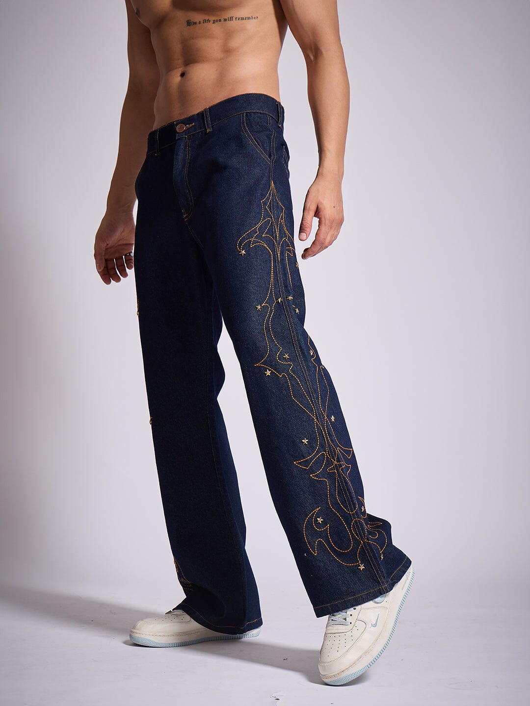 Dark Wash Mayan Embroidery Riveted Flared Denim