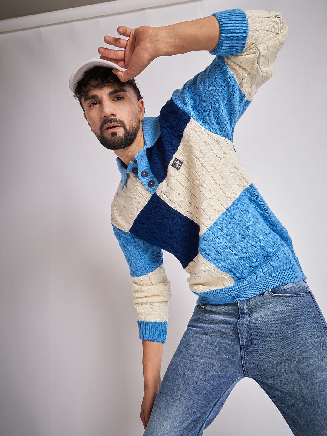 Blue Coloured Blocked Cable Knit Sweater