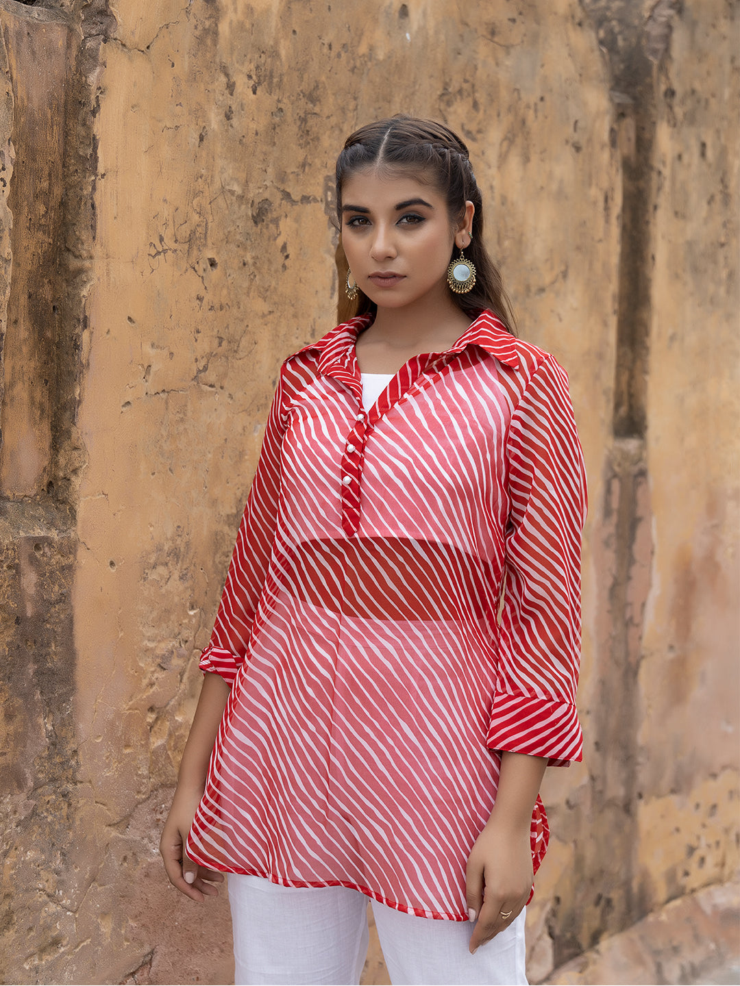 Monika Red Leheriya Kurta Pants Set