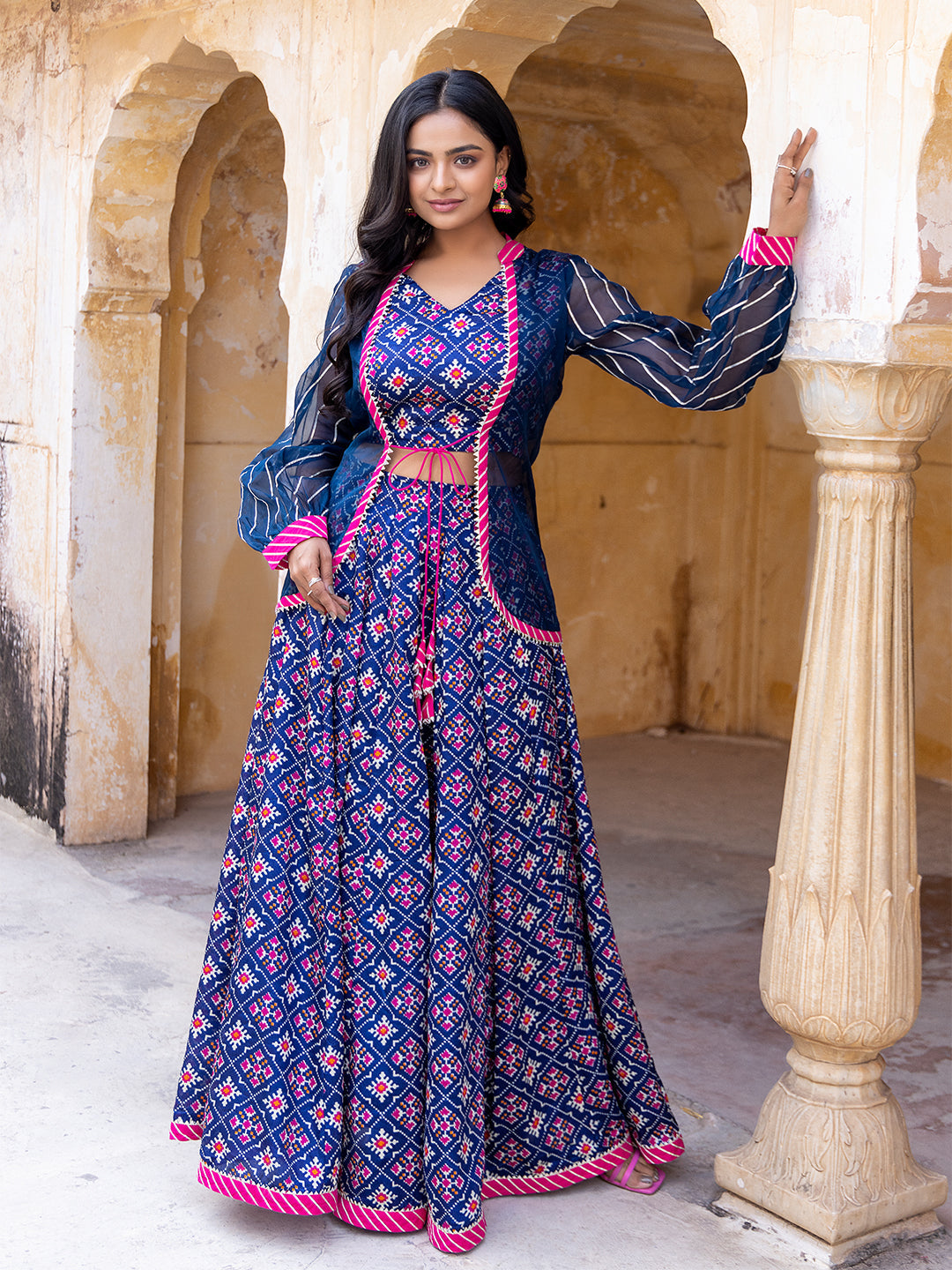 Moonlit Ocean Blue Top Attached Jacket with Skirt - By Ragavi - qivii