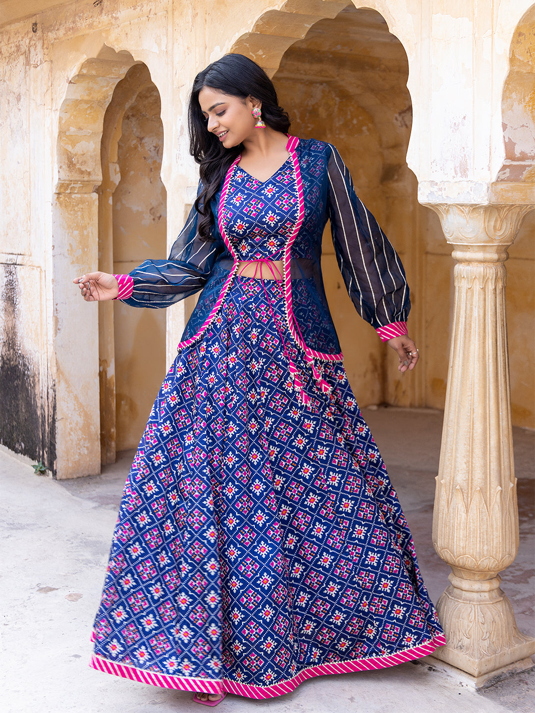 Moonlit Ocean Blue Top Attached Jacket with Skirt