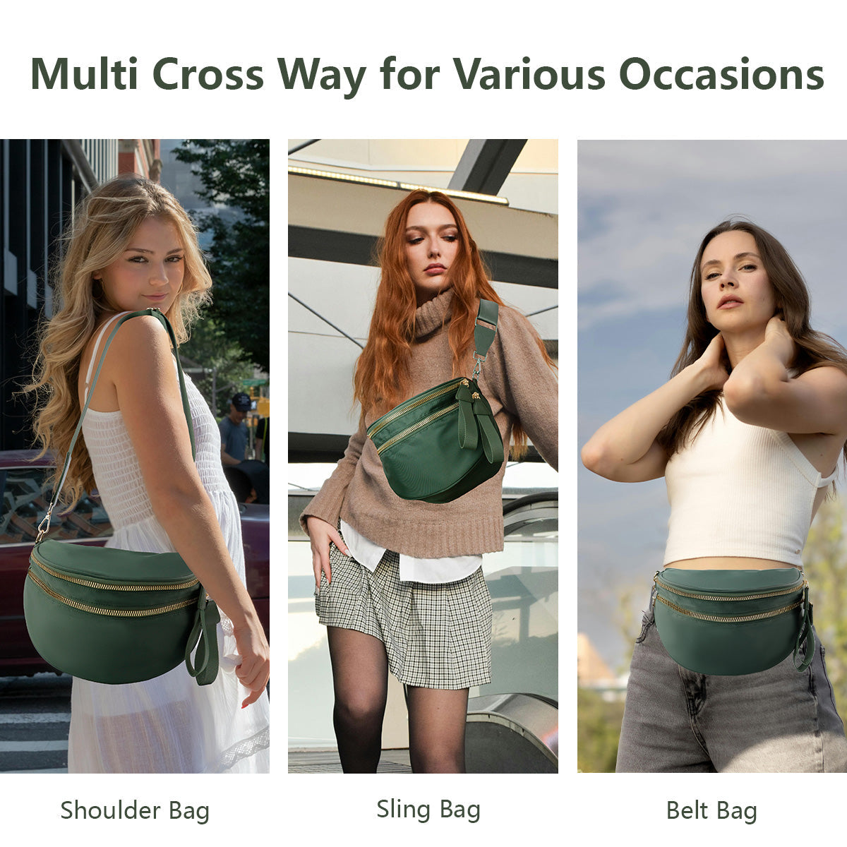 Ounamei Solid Color Crossbody Bum Bag for Women Vegan Leather Large Capacity Belt Bag for Moms & Everyday Travel