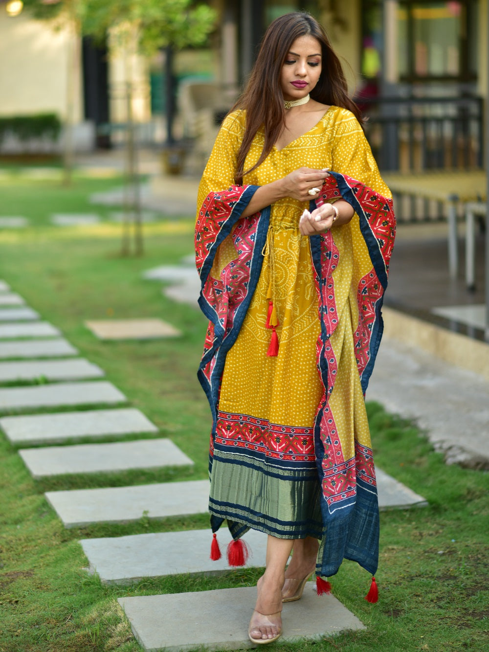 Mustard Color Digital Bandhej Print Pure Gaji Silk Kaftan - qivii