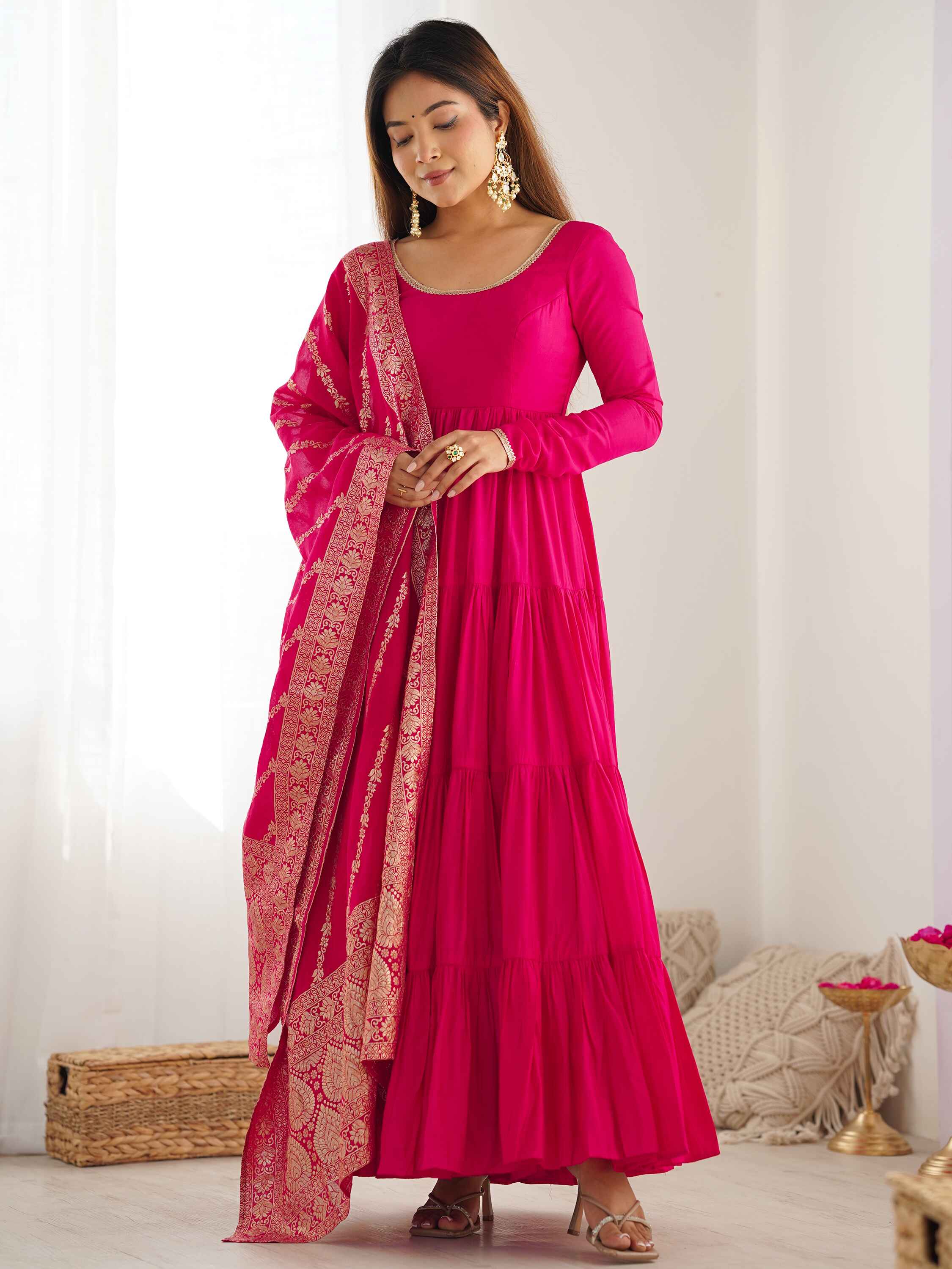 Hot pink chanderi anarkali suit with matching pants and dupatta