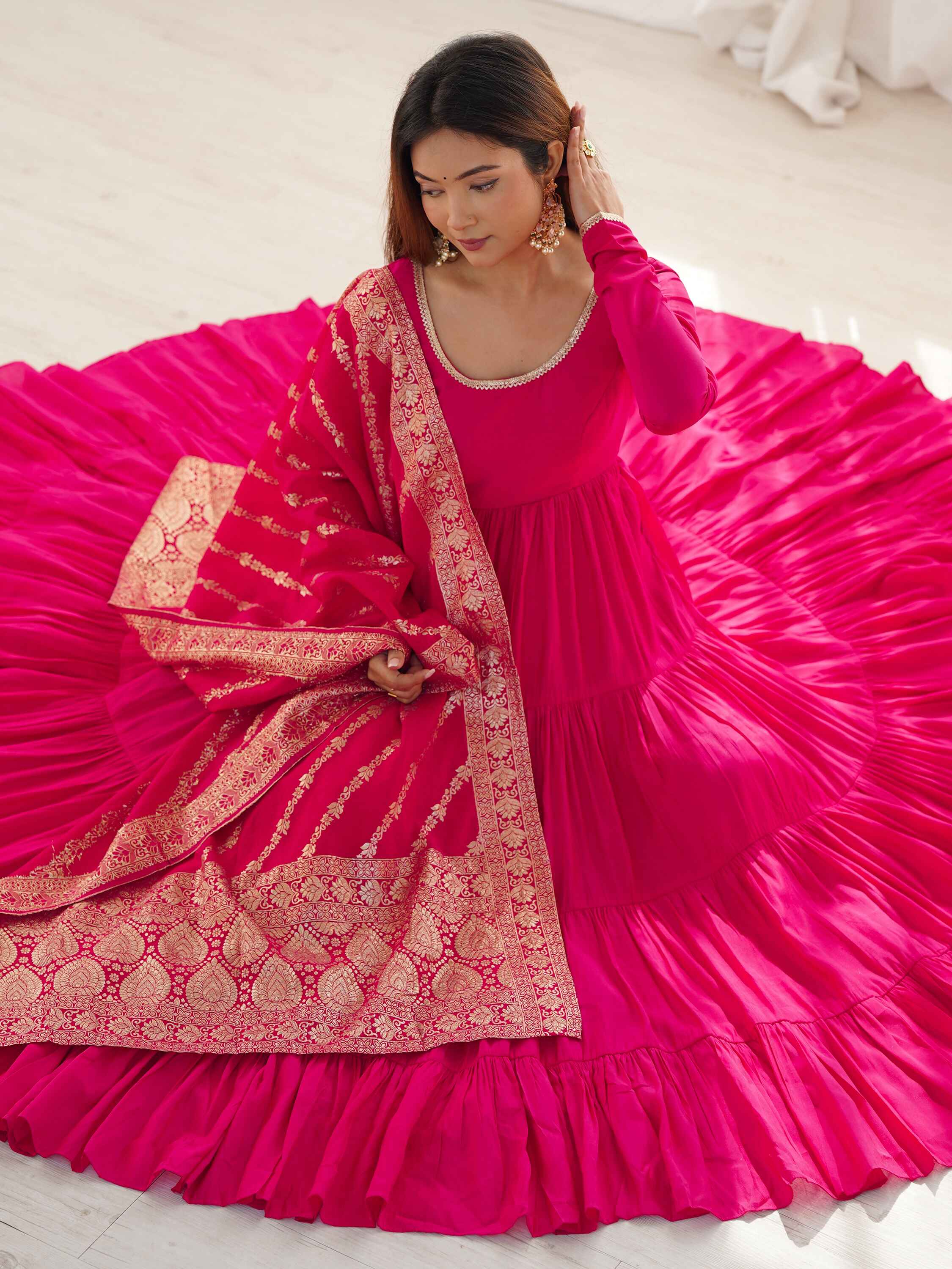 Modern and timeless hot pink anarkali suit with chanderi pants