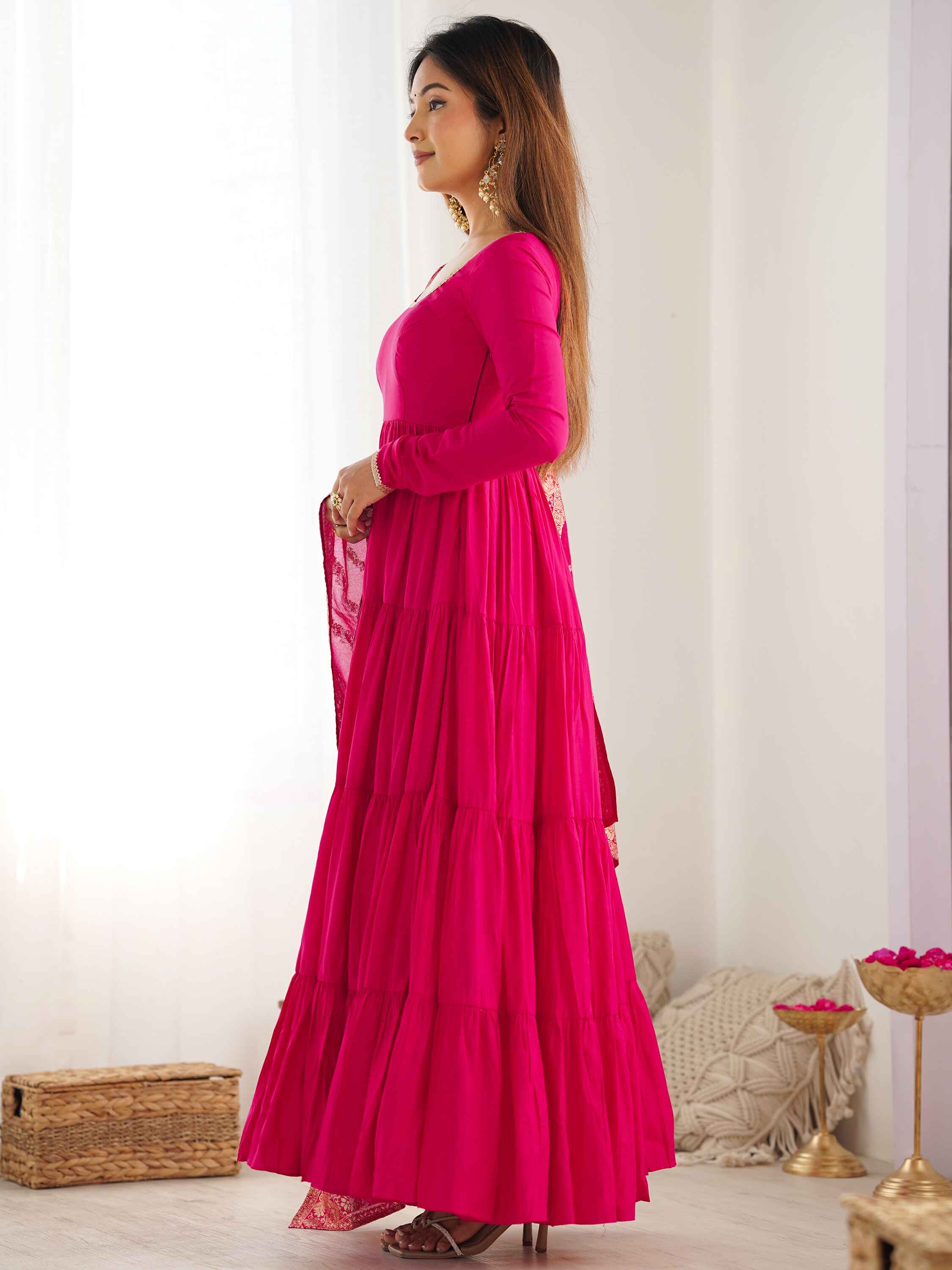 Elegant hot pink anarkali suit with chanderi pants and banarsi silk dupatta