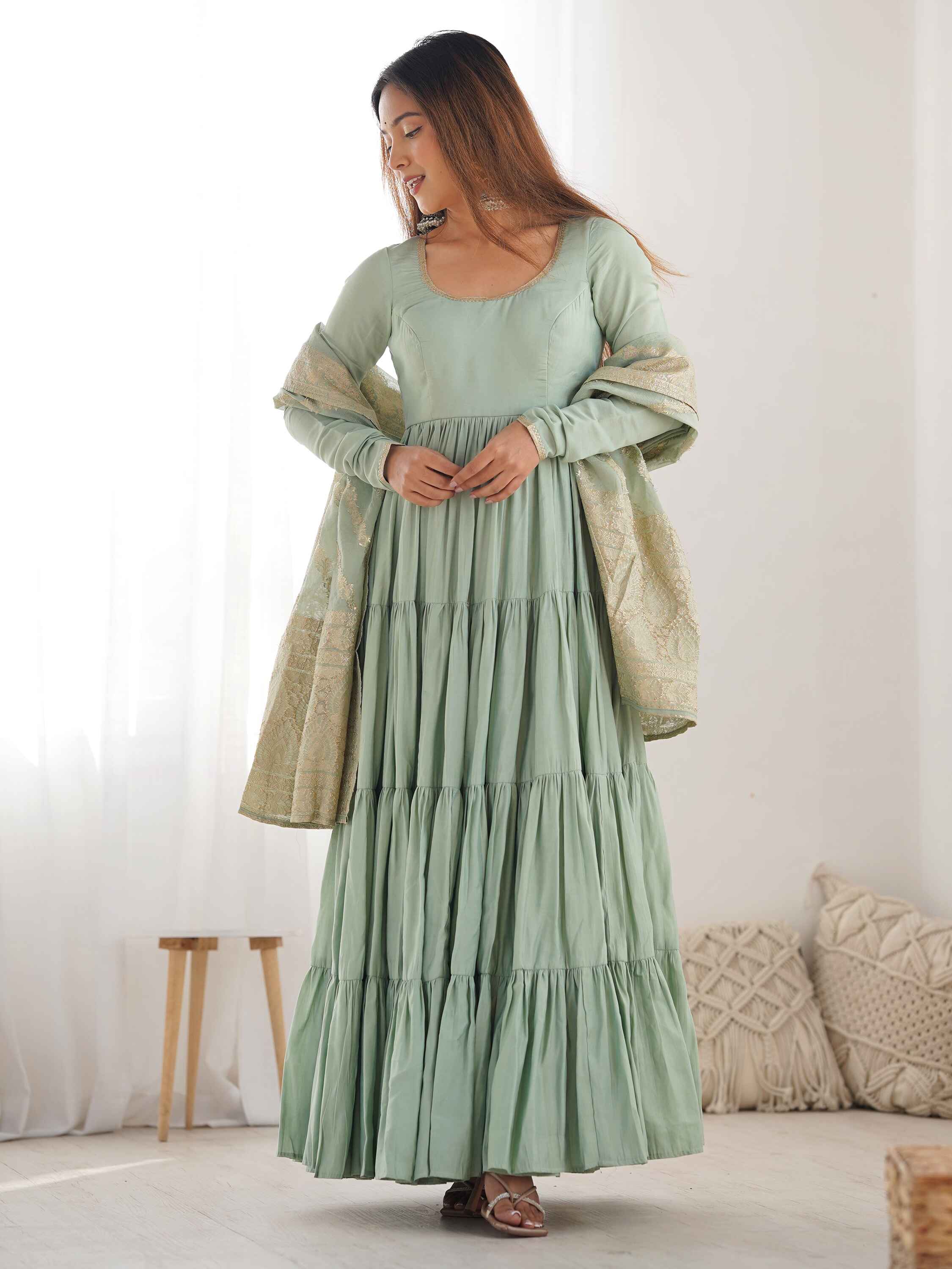 Stunning pista green chanderi anarkali suit with banarasi silk dupatta