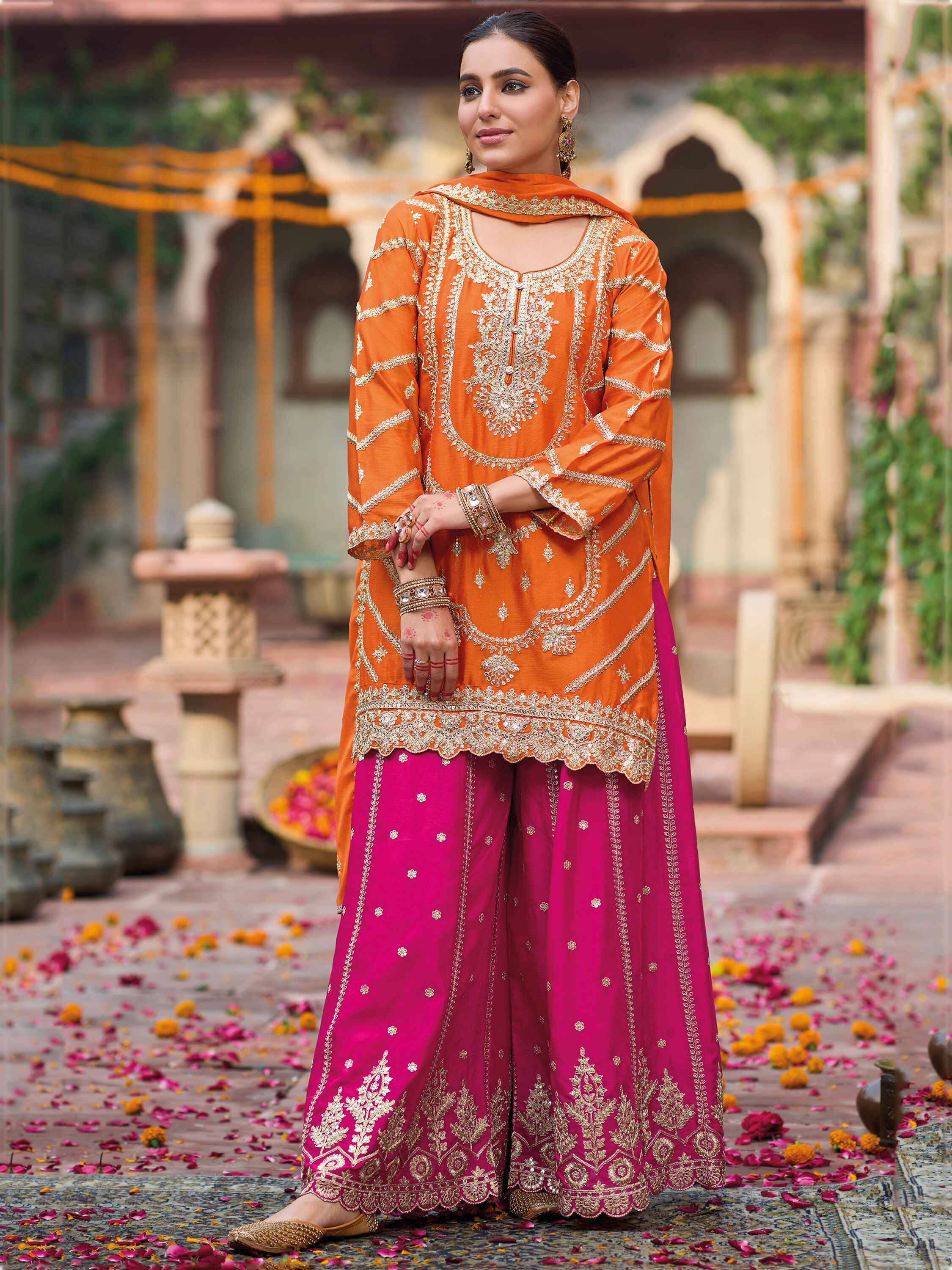 incredible-orange-sequins-chinon-event-wear-palazzo-suit
