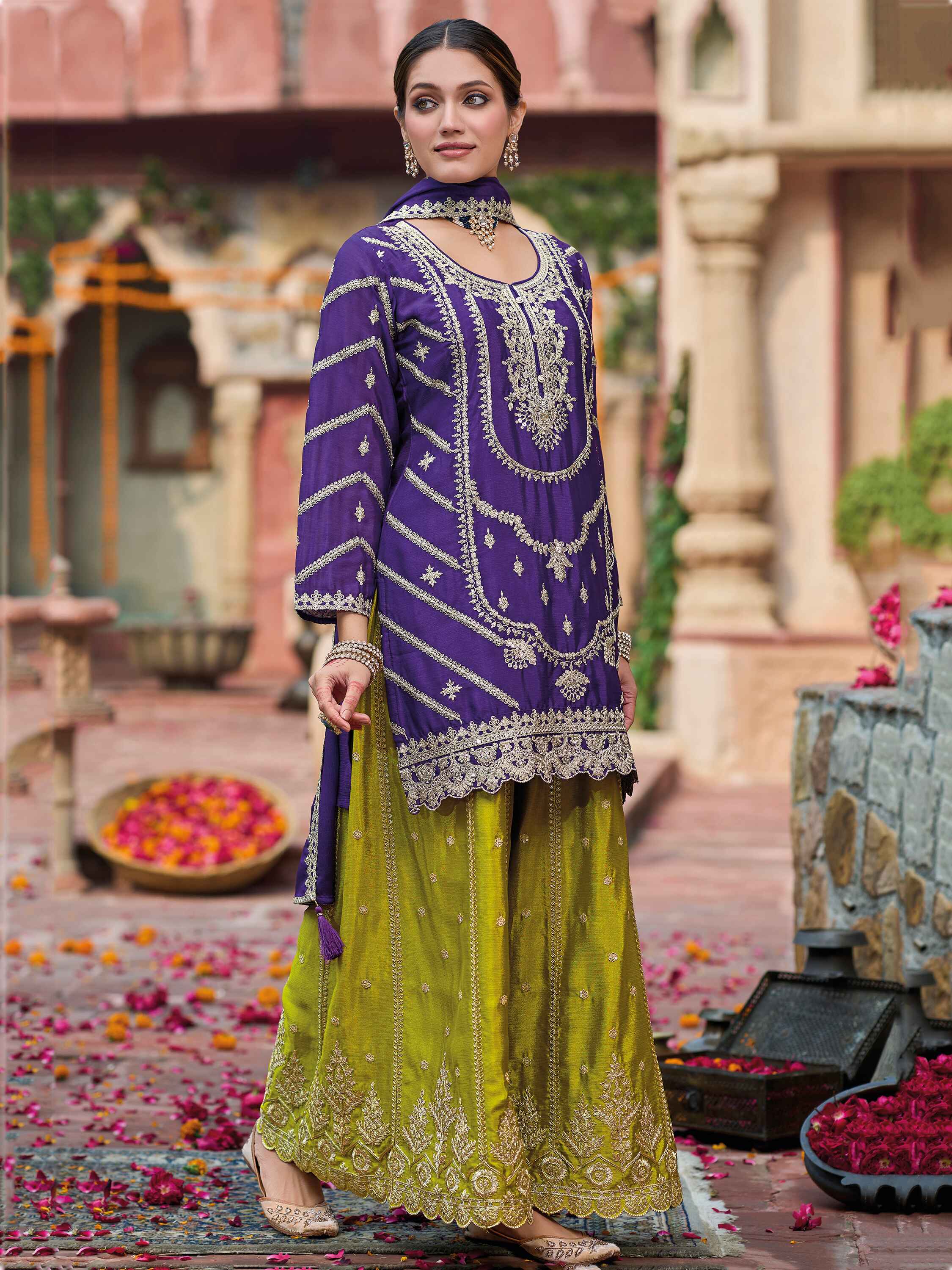 Green chinon palazzo with mirror work and embroidery